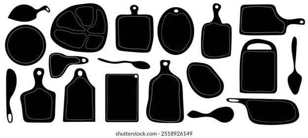 Silueta de la tabla de cortar. Formas de madera de la tabla de cortar, iconos de madera de la herramienta de la cocina para el diseño del menú del restaurante. Vector sobre fondo blanco