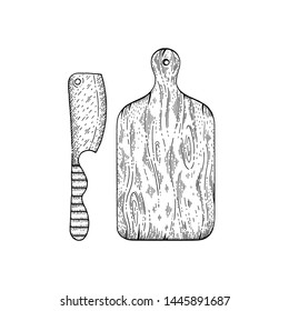 Cutting board sketch icon. Wood cooking board with realistic wooden texture. Kitchen graphics. For butchery, restaurant menu, bbq party hand drawing logo. Ink vector illustration on white background