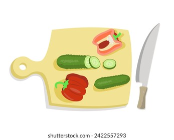 Cutting board with sliced vegetables and a knife on white background.