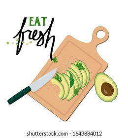 Cutting board with slices of avocado. Simple vector illustration.