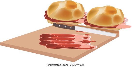 cutting board with slices of raw ham and knife