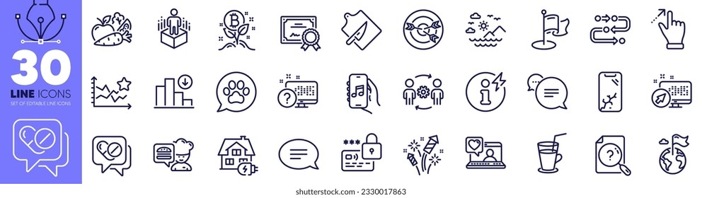 Cutting board, Text message and Music app line icons pack. Cocktail, Destination flag, Vegetables web icon. Touchscreen gesture, Medical drugs, Decreasing graph pictogram. Milestone. Vector