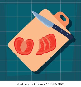 cutting board tomato knife preparation cooking flat design