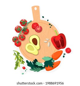 Cutting board with vegetables and herbs. Colorful ingredients for cooking.Vector hand drawn illustration isolated on white background. Tomatoes, avocado, bell peppers in cartoon style.