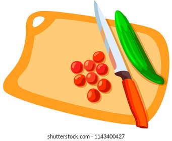 Cutting board with vegetables and khife. Flat lay
