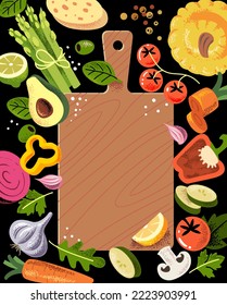 Cutting board and vegetables. Wood plate for prepare and cooking.