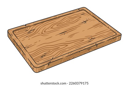 Cutting board vintage emblem colorful with used wooden stand for cutting meat with traces of chef knife vector illustration