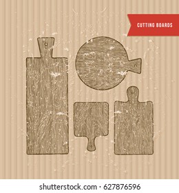 Cutting board vintage engraved illustration. Kitchen wooden boards collection. Vector illustration