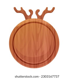 Cutting board wooden circle chopping desk with horns top view in cartoon style isolated on white background. Wood shield, menu mockup