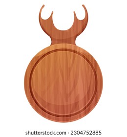 Cutting board wooden circle chopping desk with horns top view in cartoon style isolated on white background. Wood shield, menu mockup