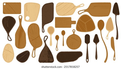 Painéis de corte. Utensílios de cozinha de madeira de desenhos animados, círculo e retângulo para cortar e cortar alimentos, material natural estilo plano. Conjunto isolado do vetor.