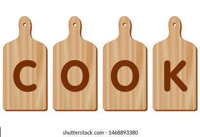 Cutting Boards, COOK text on paddle shape wood cutting boards, wood grain detail. For kitchen, barbecue and bar. Isolated on white. 