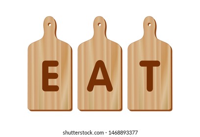 Cutting Boards, EAT text on paddle shape wood cutting boards, wood grain detail. For kitchen, barbecue and bar. Isolated on white. 