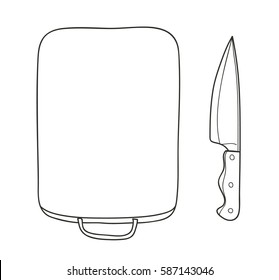 Cutting boards and kitchen knives, copy space style.kitchen supplies.vector hand drawn line art illustration
