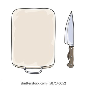 Cutting boards and kitchen knives, copy space style.kitchen supplies.vector hand drawn art illustration