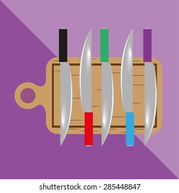 Cutting boards and knives. Kitchen utensils and equipment. Vector icon.