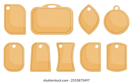 Cutting boards. Wooden kitchen chopping planes. Different shapes. Food cooking tools. Utensils for sliced products and pizza. Hardwood timber material. Household cookery