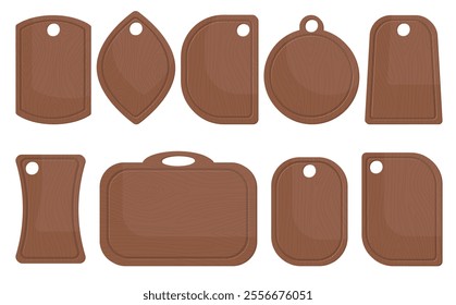 Cutting boards. Wooden kitchen chopping planes. Food cooking tool shapes. Utensils for slicing vegetables, meat or bread. Hardwood timber material. Household culinary