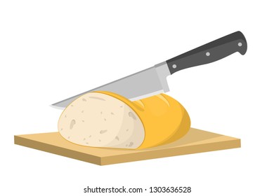 Cutting bread into slice with knife. Cooking toast for breakfast. Bread on the cutting board. Isolated vector illustration in cartoon style