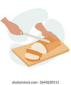 corte de pão em uma tábua de corte.Mãos de jovem cortar pão crocante com faca em uma tábua de corte de madeira