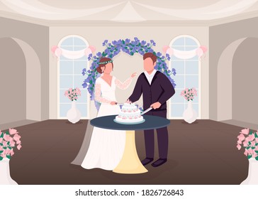 Cutting cake tradition flat color vector illustration. Wedding tradition. Newlyweds eat celebratory food. Bride and groom 2D cartoon characters with ceremonial hall interior on background