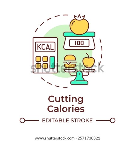 Cutting calories multi color concept icon. Meal control, food weight. Nutrition, healthcare. Round shape line illustration. Abstract idea. Graphic design. Easy to use in infographic, presentation
