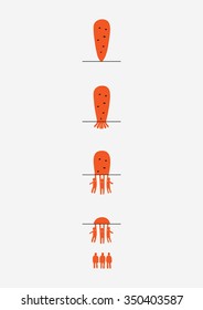 Cutting carrot turns into a team. Vector team making metaphor