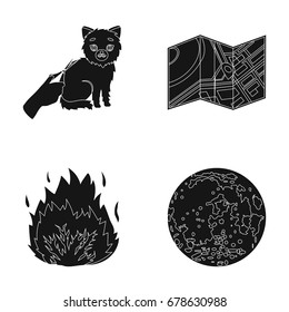 Cutting a cat, Terrain plan and other web icon in black style. fire, planet icons in set collection.