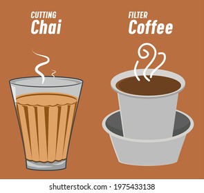 Cutting Chai (Indian Tea Glass) Filter Coffee (South Indian Coffee) vector illustration of popular indian beverages