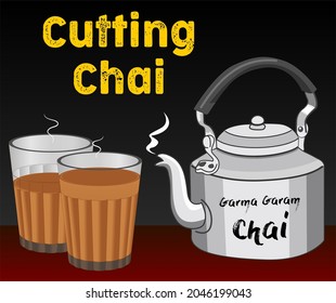 Cutting Chai (Indian Tea Glass) with Teapot Kettle vector illustration of popular indian beverage