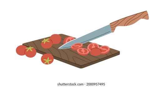 Cortando tomates de cerezo en trozos con cuchillo de cocina afilado en tablero de madera. Proceso de preparación de rodajas de ingredientes vegetales para cocinar alimentos. Ilustración vectorial plana aislada en blanco