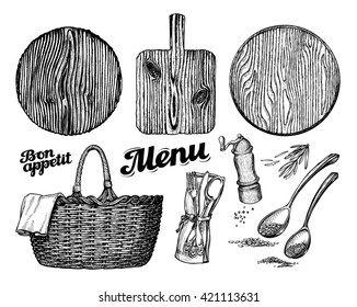 cutting or chopping board, wicker basket, tableware. vector illustration