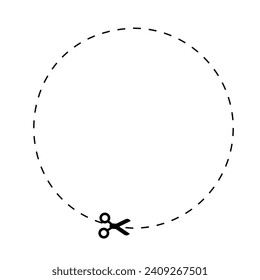 Icono de círculo de corte. Línea, tijeras para cortar en un icono circular. Icono de vector