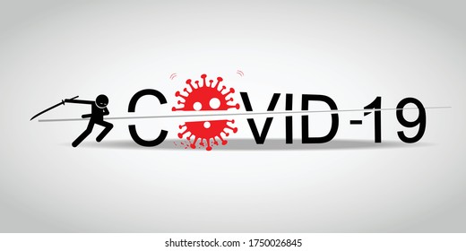 Cutting Coronavirus COVID-19, Vector artwork of people using Samurai sword to break Coronavirus, Stop Coronavirus disease COVID-19 infection medical.