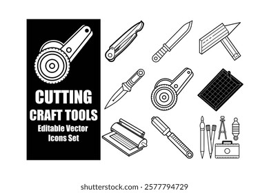 Cutting craft tools and equipment icons, including knives, wrenches, saws, and more. These editable vector line art illustrations are perfect for DIY projects, crafting, and professional design needs.