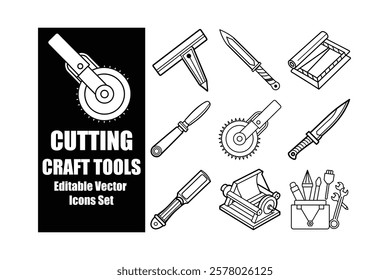 Cutting craft tools and equipment icons, including knives, wrenches, saws, and more. These editable vector line art illustrations are perfect for DIY projects, crafting, and professional design needs.