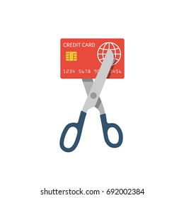 Cutting credit card. Debit card account closing. Scissors cutting bank card. Reduce cost. Vector illustration flat design. Isolated on white background.