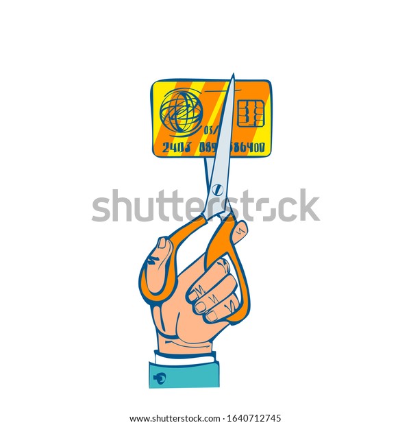 Cutting credit card.
Debit card account closing. Man holding scissors in hand, cutting
bank card. Reduce cost. Vector illustration sketch design. Isolated
on background.