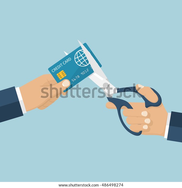 Cutting credit card.
Debit card account closing. Man holding scissors in hand, cutting
bank card. Reduce cost. Vector illustration flat design. Isolated
on background.