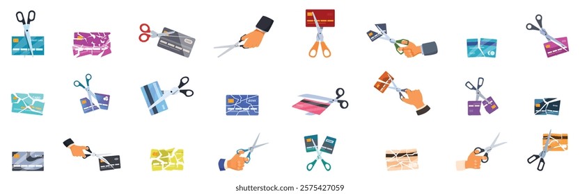  Cutting credit card icons set. Hands holding scissors cutting credit cards in half, symbolizing stopping overspending and online shopping addiction