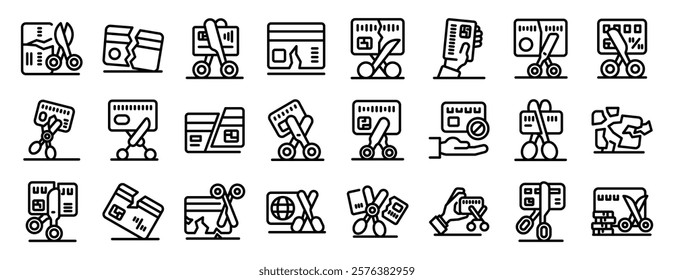 Cutting credit card icons set. Cutting credit card with scissors, representing concepts like expiration, decline, cancellation, damage, or fraud