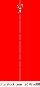 Línea punteada con el icono de las tijeras en el fondo rojo de la Vertical para el diseño de empaquetado