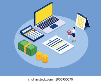 Cutting debt 3D isometric vector concept for banner, website, illustration, landing page, flyer, etc
