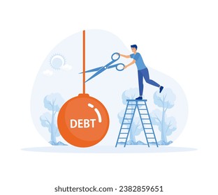 Recortar la deuda, la mano de un empresario con tijeras para reducir la deuda, analfabetismo financiero y deuda, bancarrota e hipotecas. ilustración moderna de vector plano  