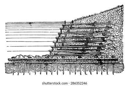 Cutting the dike in fascinage, vintage engraved illustration. Industrial encyclopedia E.-O. Lami - 1875.