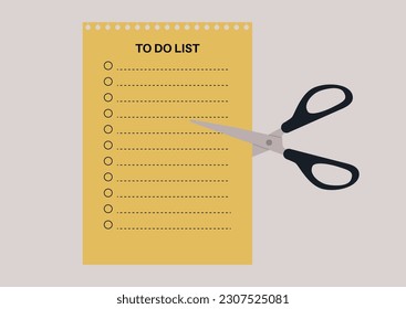 Cutting a to do list with a pair of scissors in order to prioritize tasks and focus on important goals