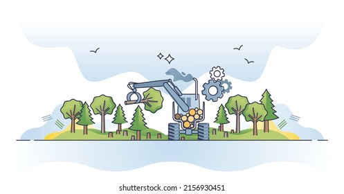 Reducir los bosques utilizando el concepto de deforestación para el esbozo de los recursos de madera. La crisis ambiental y el calentamiento global causan la destrucción industrial de árboles ilustrados por vectores. Escena de daños a la naturaleza.