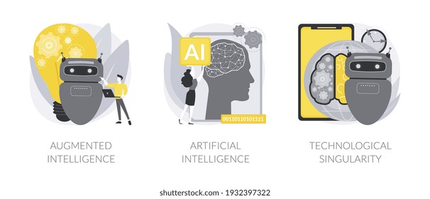 Modernste Technologie abstraktes Konzept Vektorgrafik Set. Erweiterte Intelligenz, künstliche kognitive Robotik, technologische Singularität, Hightech, abstrakte Metapher für maschinelles Lernen.