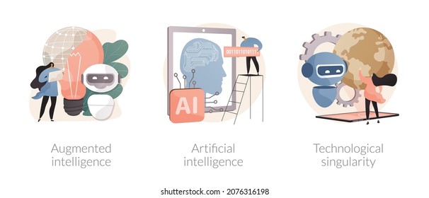 Cutting edge technology abstract concept vector illustration set. Augmented intelligence, artificial cognitive robotics, technological singularity, high tech, machine learning abstract metaphor.