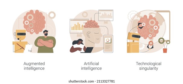 Cutting edge technology abstract concept vector illustration set. Augmented intelligence, artificial cognitive robotics, technological singularity, high tech, machine learning abstract metaphor.